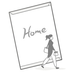 Woman walking towards a large sign with the word home written on it