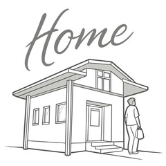 Man standing outside a modern house with the word home written above