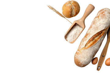 Assorted fresh bread with flour and eggs on a white background.