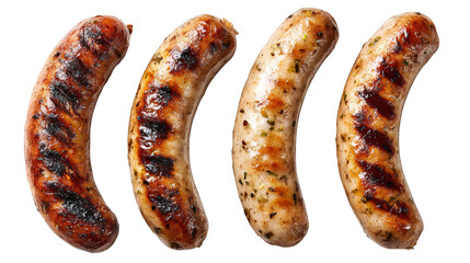 Four juicy sausages sizzling on a black background, culinary masterpiece.