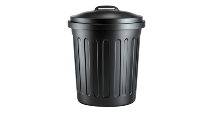 Black trash can with a lid, isolated on white background for waste disposal concepts.