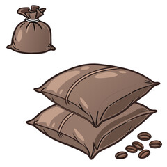 Illustration of a tied sack and two stacked burlap sacks with coffee beans
