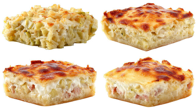 A close-up of four delicious quiche squares with golden-brown, toasted cheese tops, isolated on a white background.