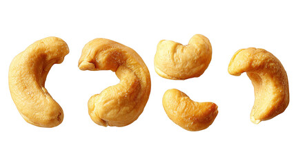 A small group of crunchy, golden-brown roasted cashew nuts, isolated on a white background.