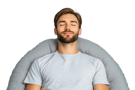Calm man relaxing in a cozy bean bag, eyes closed, peaceful atmosphere, comfort and serenity.