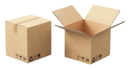 Isolated top view of two cardboard boxes&mdash;one open with flaps extended, one closed&mdash;featuring printed handling and recycling symbols