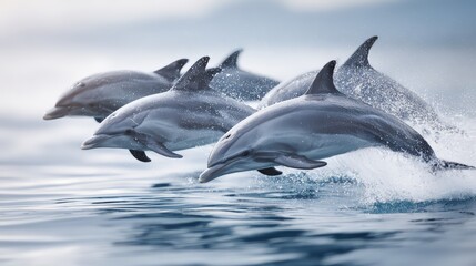 Fototapeta premium A graceful pod of dolphins leaps through clear waters, showcasing their playful nature.