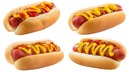 Four delicious hot dogs with mustard and ketchup, a classic american meal.