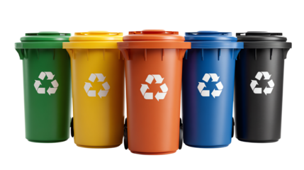 Colorful recycling bins arranged in a row on a white isolated background, promoting waste separation and environmental awareness.