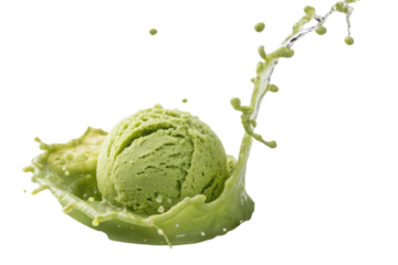 Delight in refreshing taste of matcha green tea ice cream as it splashes joyfully, creating vibrant scene of flavor and fun