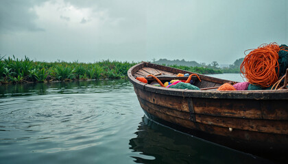 Fototapeta premium Fishing boat resting on water with traditional netting. This fishing boat and traditional netting are essential for local fishermen. The scene evokes peaceful feeling while fishing boat gently bobs