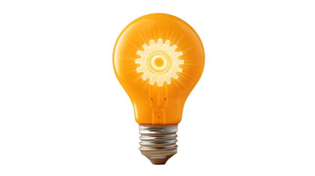 Creative light bulb design with an orange gear inside, symbolizing innovation and new ideas.