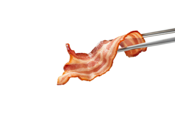 Delicious crispy bacon slice held with chopsticks on a clean white background.