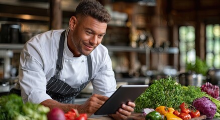 A chef using an iPad to customize the customer's order in line with smart kitchen equipment, while fresh ingredients and vegetables rest on stainless steel surfaces