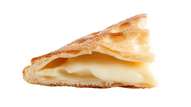 Delicious golden-brown pastry filled with creamy cheese, isolated on a white background.