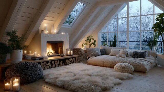 Cozy attic interior featuring a fireplace, seating area, and large window overlooking a snowy landscape. Warm lighting creates a welcoming atmosphere