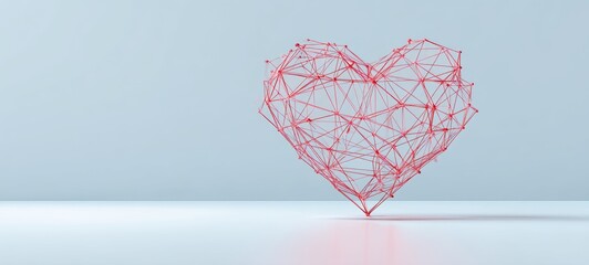 Minimal Wireframe Heart Icon with Thin Red Lines on Light Background, Futuristic Tech-Inspired Abstract UI Design