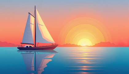 Fototapeta premium Sailing yacht sailing on calm sea at sunset, beautiful sea scenery. Scenic sailing yacht with reflection in tranquil sea, horizon and setting sun.