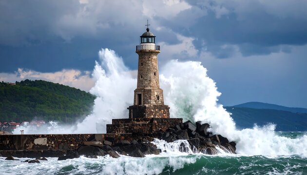 Dramatic Waves Crashing Against the Stone Lighthouse of Pomorie, Bulgaria
