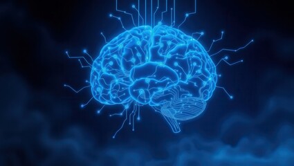 Obraz premium A glowing blue brain connected to circuits on a dark background representing ai technology