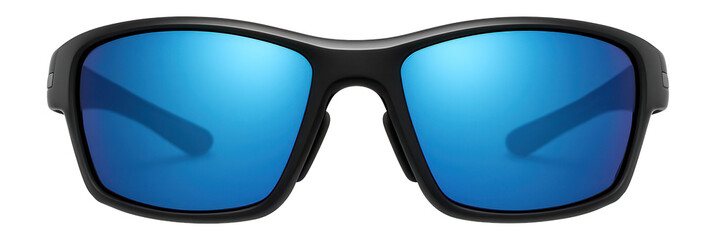 Wraparound sports sunglasses with mirrored blue lenses and rubberized nose pads