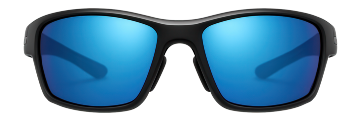 Wraparound sports sunglasses with mirrored blue lenses and rubberized nose pads