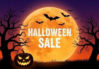Halloween sale with moon bats trees and carved pumpkin