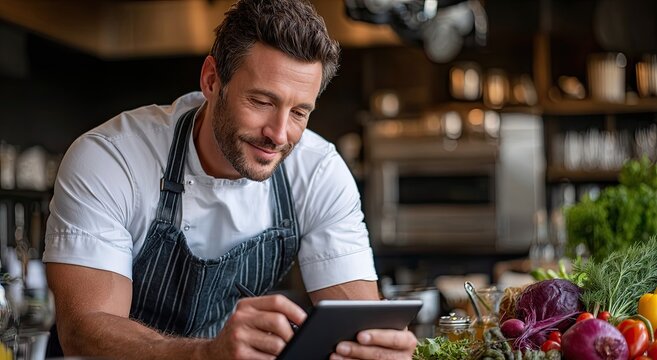 A chef in the kitchen uses an iPad to control advertising on digital screens, surrounded by fresh vegetables and stainless steel appliances, with busy staff members working behind them