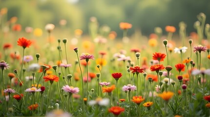 Vibrant Wildflower Meadow in Soft Sunlight with Bokeh Background