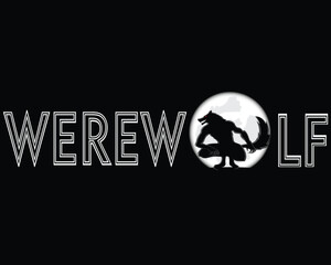vector design of a black background with the word Werewolf where the letter o is replaced with a full moon and there is a werewolf in the middle