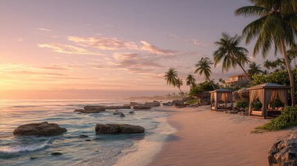 Beautiful Tropical Beach with Palm Trees at Sunset