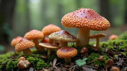 Vibrant Amanita Muscaria Mushrooms Cluster in Lush Forest Moss