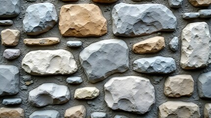 Textured Stone Wall with Varied Natural Rock Facings and Gray Mortar