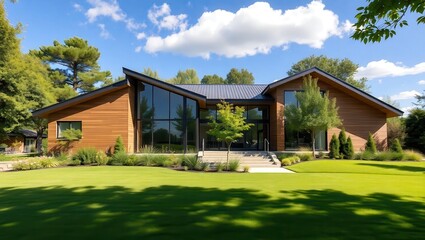 Modern house with wood siding and large glass windows surrounded by green lawn and trees under blue sky