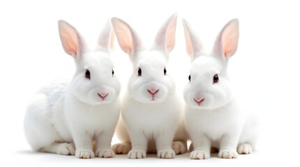 Three adorable fluffy white baby bunnies with pink noses and ears sitting together on a white background.