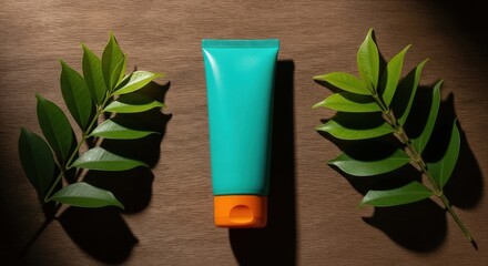 Turquoise tube with orange cap and green leaves on wood