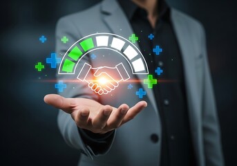 Business partnership and deal success concept with handshake and progress bar on hand