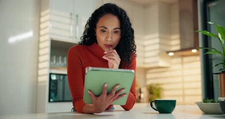 Stress, woman and shock with tablet in home for phishing scam, bad news and connection fail. Tea, frustrated person and surprised with digital app in kitchen for spam, 404 error or fraud notification - Powered by Adobe