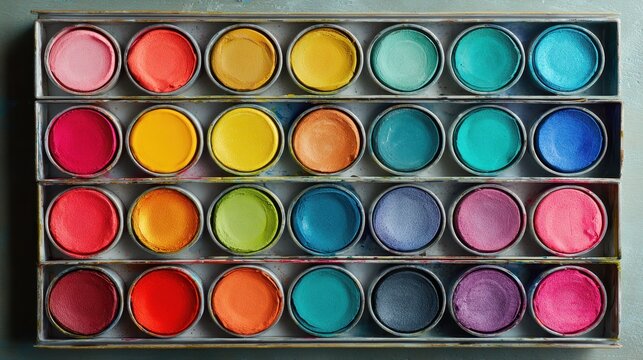 Multicolored paints arrayed inside cans. Artistic supplies, background flat surface