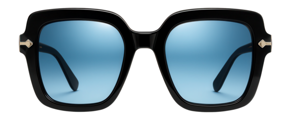 Oversized square sunglasses with black frames and mirrored blue lenses