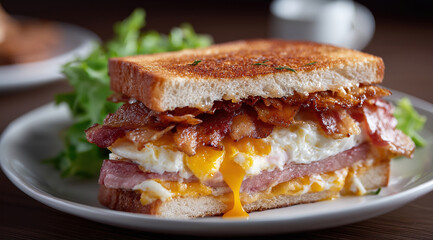 Hearty breakfast sandwich stacked with bacon, egg and melted cheese components.