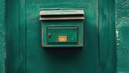 A teal-green metal mailbox on a teal-green wall