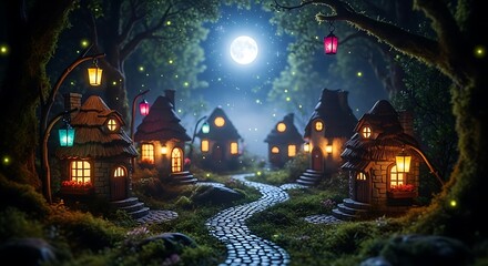Enchanted Night Village: Miniature Houses Under the Moonlight