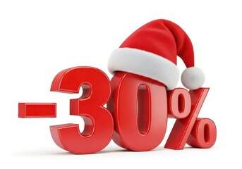 Red minus thirty percent with santa hat on white surface