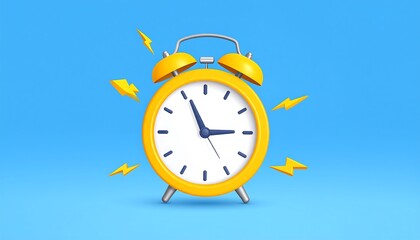 A bright yellow alarm clock with stylized lightning bolts, set against a light blue background