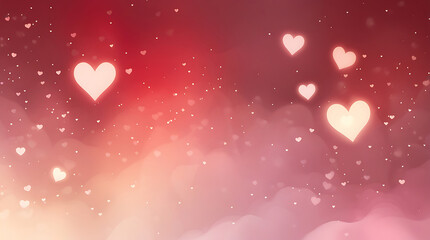 Dreamy ethereal background with glowing hearts and magical glitter bokeh.