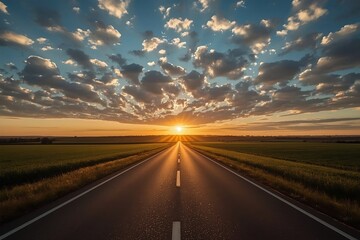Naklejka premium Straight Asphalt Road Leading Directly Towards a Brilliant Sunset on the Horizon.