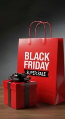 Red gift and shopping bag with black friday super sale text