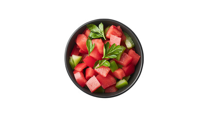 Fresh watermelon salad with basil, mint and cucumber in a black bowl on a white isolate background.