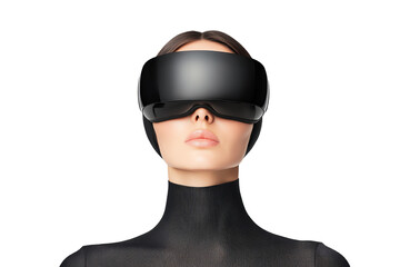 Futuristic woman wearing virtual reality headset, exploring digital worlds, immersive technology experience.